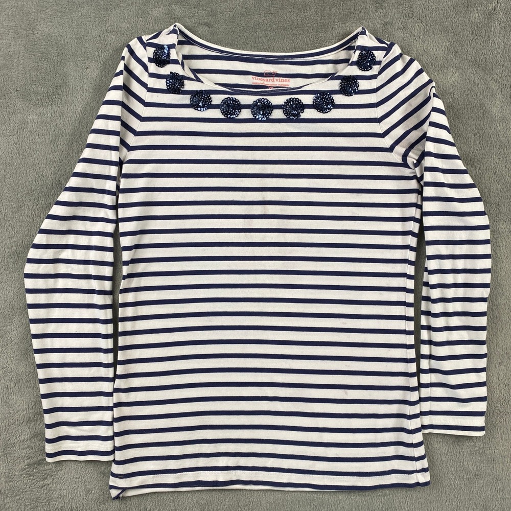 Vineyard Vines Top Womens XS Blue Striped Sequin Boatneck Long Sleeve 2K0400